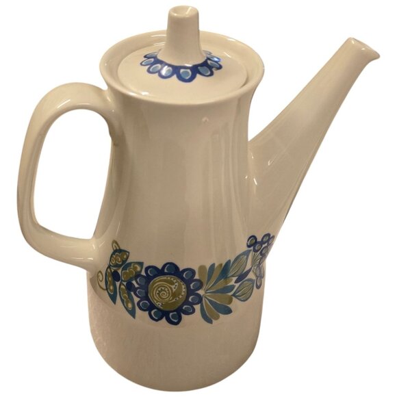 Mid Century Modern Ceramic Teapot Floral Design Figgjo Flint Blue Flowers - Picture 2 of 16